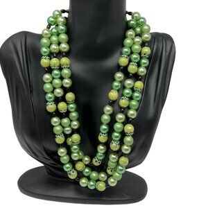 Vintage Beaded Necklace Green Faux Pearls Three Strand‎ Classic Style